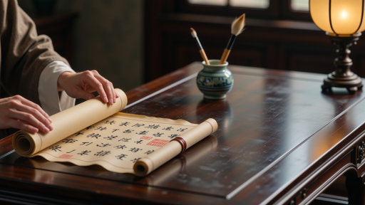 一卷展开的古代线装书,纸张泛黄,上面印有黑色繁体汉字,旁边放置着一方砚台和毛笔,暖色调室内光线