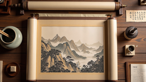 云雾缭绕的高山之巅,几棵古松挺立在岩石上,远处是连绵的山脉和云海,中国传统山水画意境的自然风景