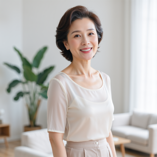 五十岁左右中年女性半身肖像,穿白色棉麻质感中式上衣,头发盘起,面带微笑,背景为模糊的木质书架,自然光拍摄